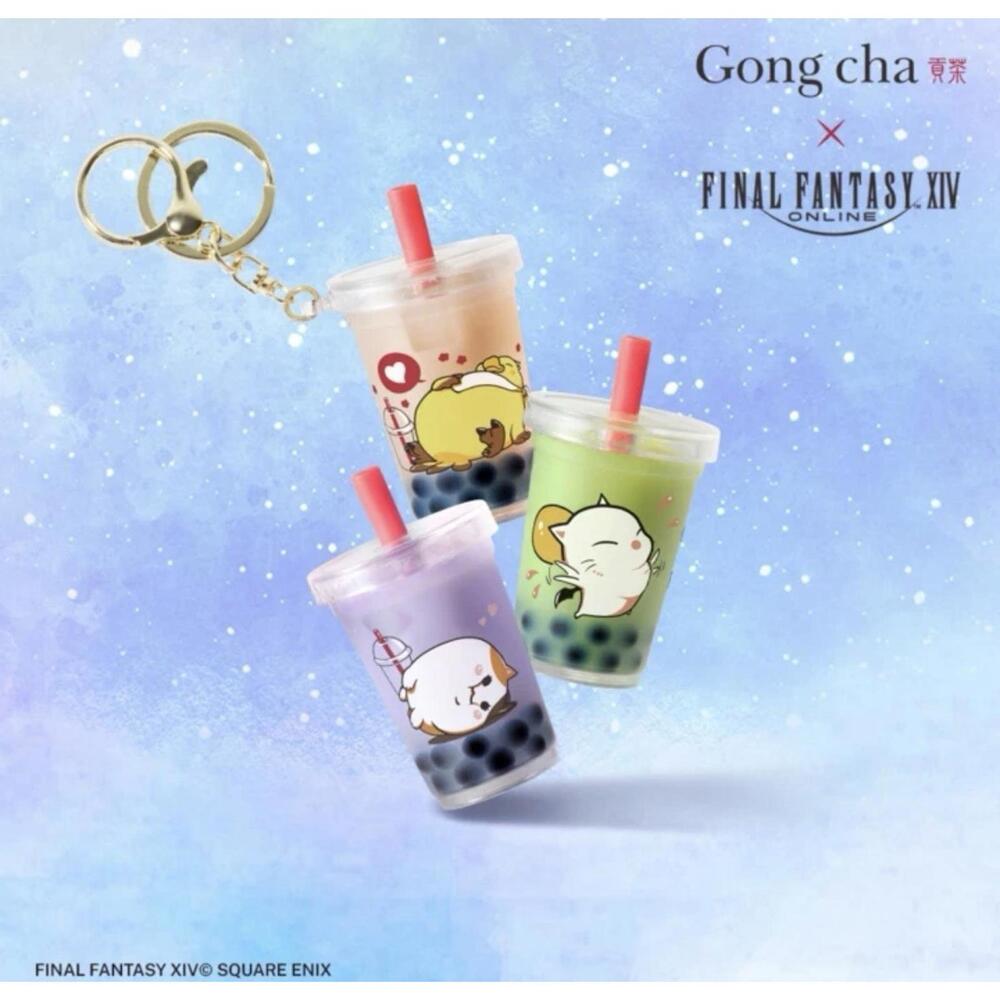 All 3 Gong Cha x Final Fantasy Keychains - Purple, Green, and Yellow Keychain